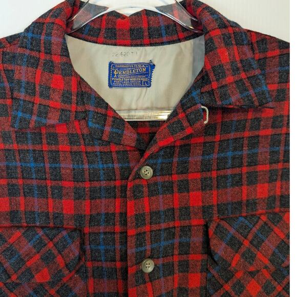VTG 60s Pendleton Wool Board Shirt Red Plaid Loop Collar Flap Pocket Men’s L - Picture 5 of 9